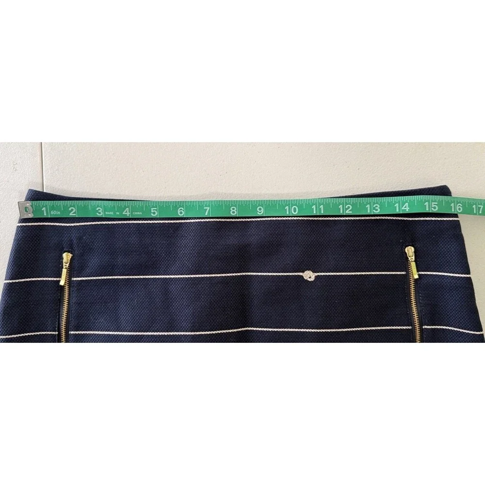 Women’s Navy White Striped Pencil Skirt‎ Nautical Preppy Knee Length Side Zip 8